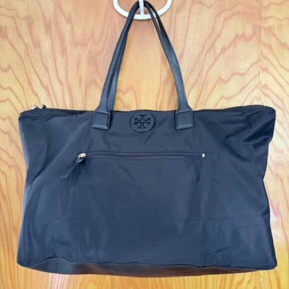 Tory Burch Nylon & Saffiano Leather Packable Travel Zip Tote - Black - Large - Picture 1 of 5